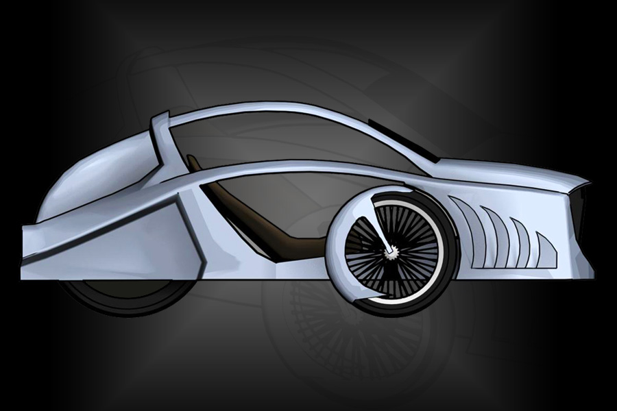 Elektromobīļa virsbūves skice. No šī trīsdimensionālā materiāla tika izveidots virsbūves prototips dabā, mērogā 1:1, lai veiktu šim auto ergonomikas, aerodinamikas u.c. testus. Elektromobīlis